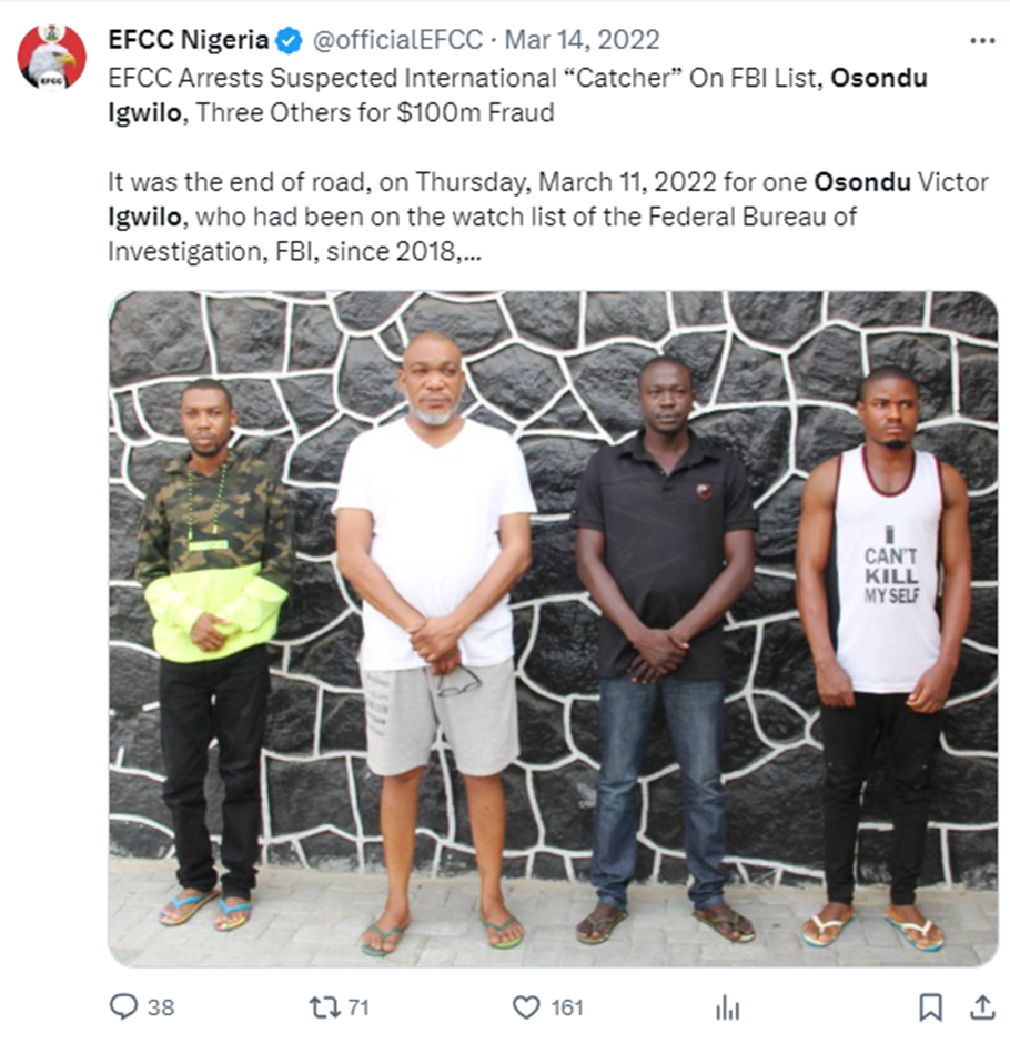Nigerian Scammers: Osondu Victor IGWILO, Okafor Nnamdi CHRIS, Nwodu Uchenna EMMANUEL, and John Anazo ACHUKWU arrested