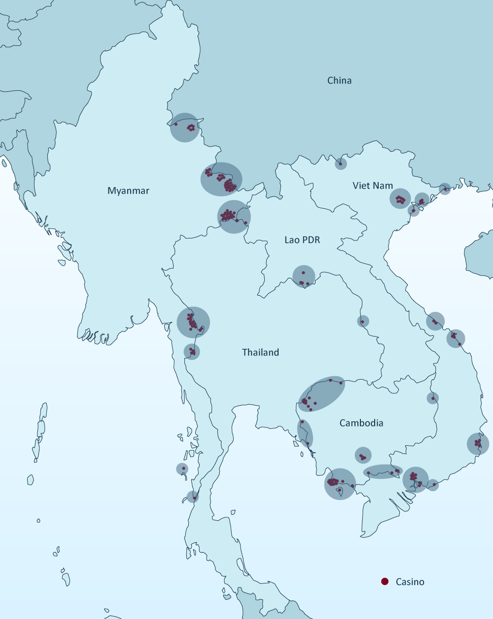 Locations of casinos in lower Mekong countries in 2022 where they are engaged in cryptocurrency scams. Source: UNODC elaboration based on information obtained through various channels, including its Country Offices in Southeast Asia and field researchers.