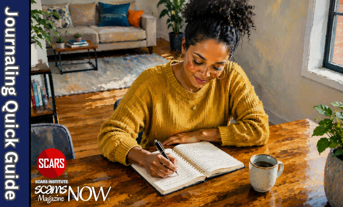 ScamsNOW.com! The Magazine for Scam Victims/Survivors from SCARS Institute - 2026 37 Therapeutic Journaling Quick Guide for Scam Victims in Recovery - 2026