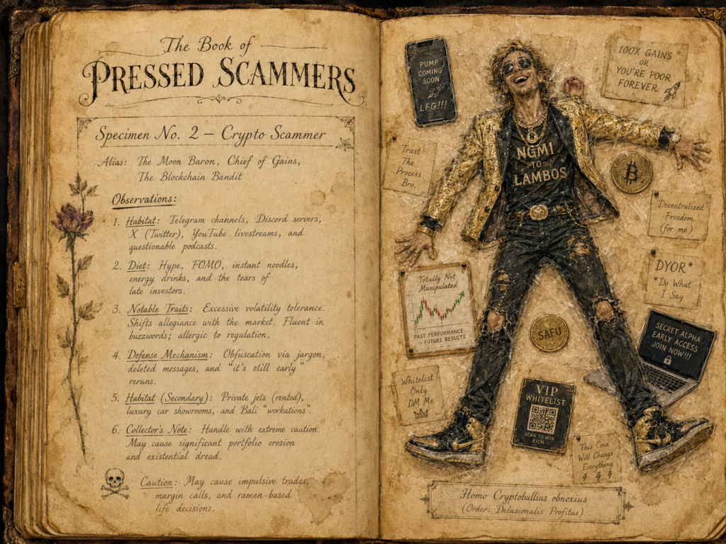 The Book of Pressed Scammers - Whimsy/Humor - 2026 10 Book of Pressed Scammers - A Curious Field Guide to Flattened Fraudsters and Other Peculiar Villains