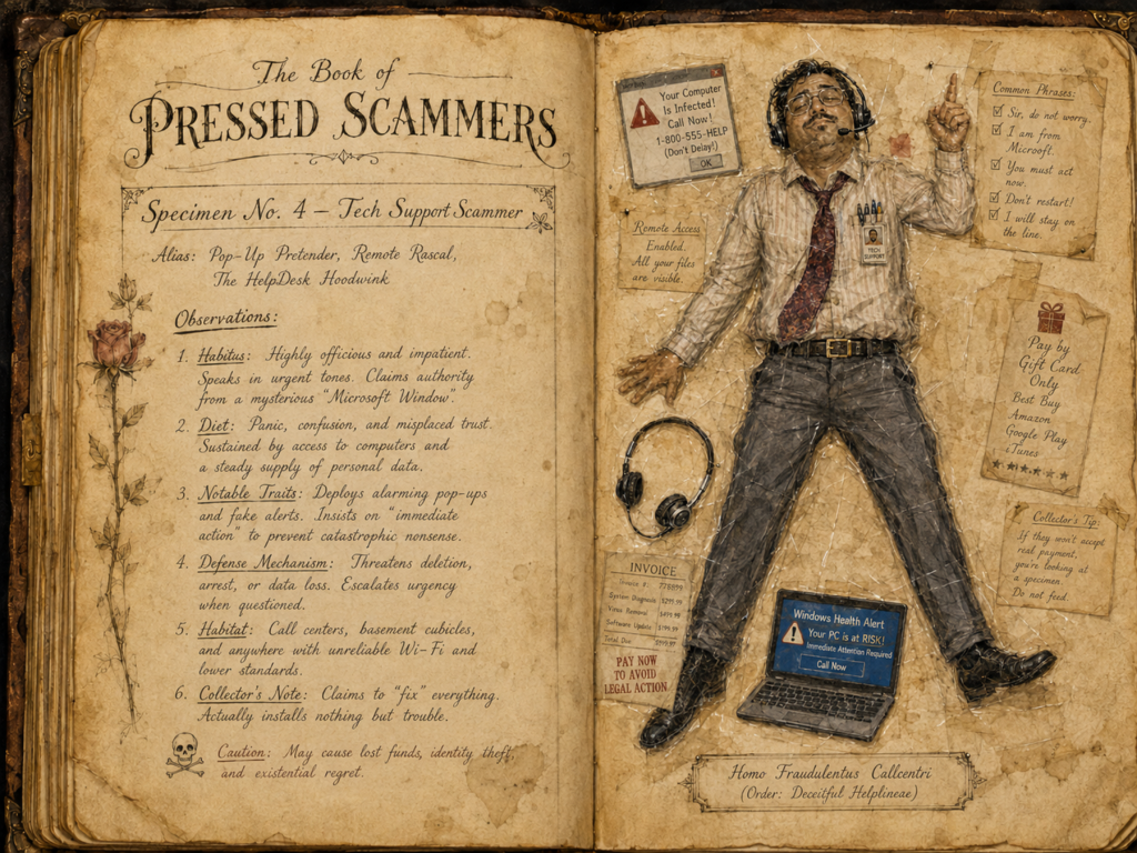 The Book of Pressed Scammers - Whimsy/Humor - 2026 9 Book of Pressed Scammers - A Curious Field Guide to Flattened Fraudsters and Other Peculiar Villains