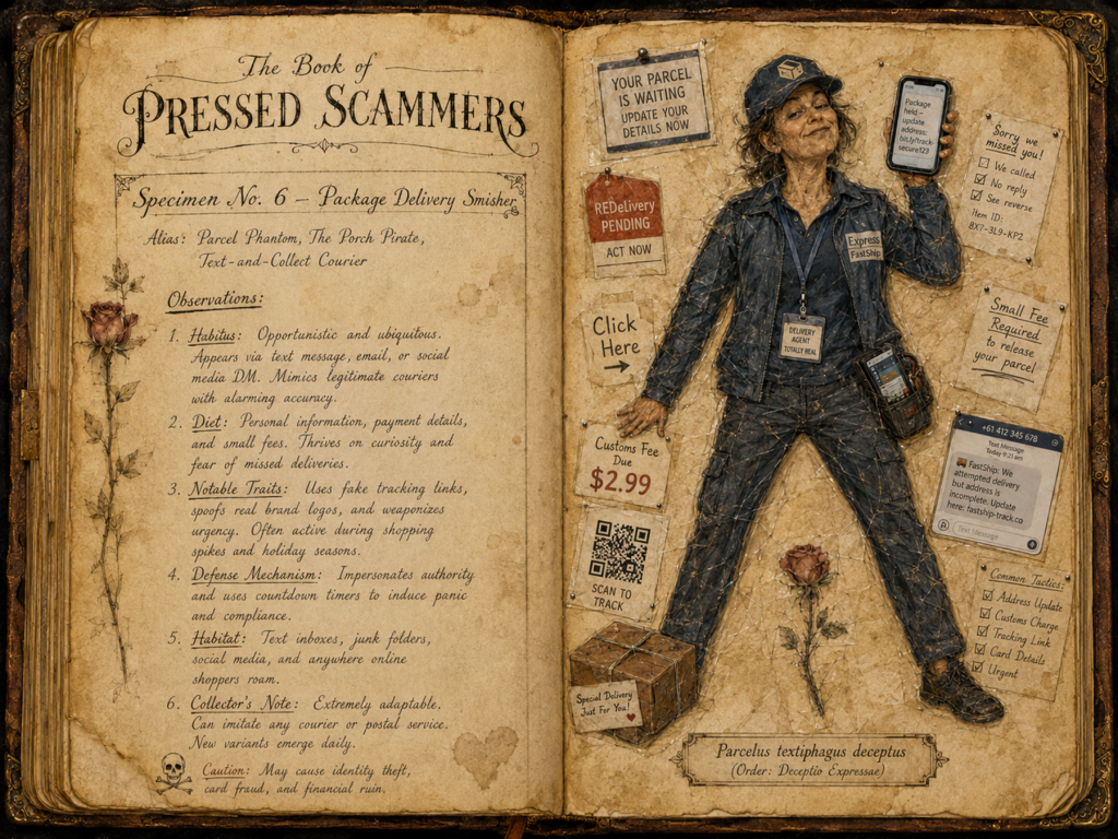 The Book of Pressed Scammers - Whimsy/Humor - 2026 8 Book of Pressed Scammers - A Curious Field Guide to Flattened Fraudsters and Other Peculiar Villains