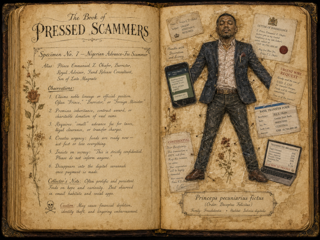 The Book of Pressed Scammers - Whimsy/Humor - 2026 6 Book of Pressed Scammers - A Curious Field Guide to Flattened Fraudsters and Other Peculiar Villains