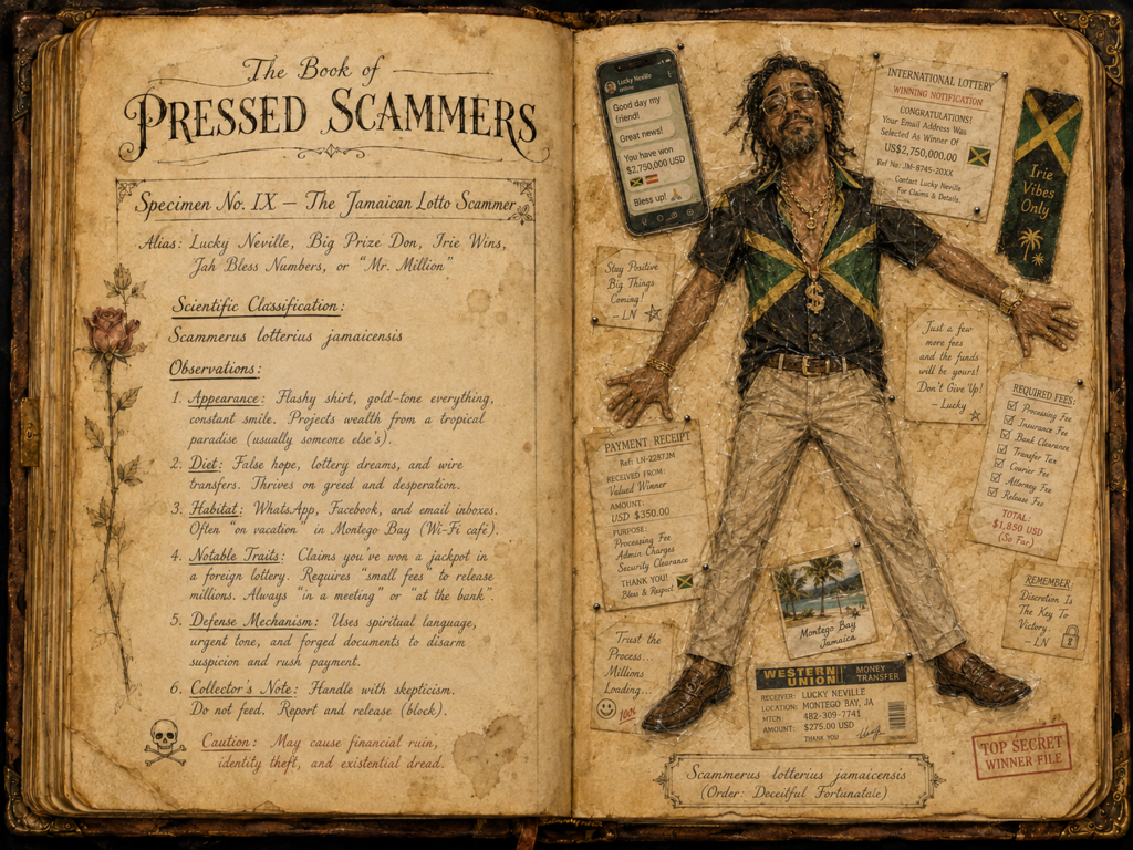 The Book of Pressed Scammers - Whimsy/Humor - 2026 4 Book of Pressed Scammers - A Curious Field Guide to Flattened Fraudsters and Other Peculiar Villains