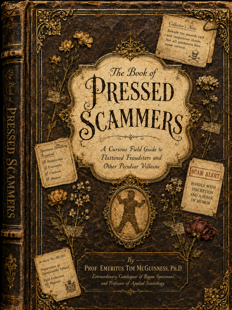 The Book of Pressed Scammers - Whimsy/Humor - 2026 2 Book of Pressed Scammers - A Curious Field Guide to Flattened Fraudsters and Other Peculiar Villains